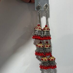 Elegant Silver and Red Jhumka Earrings
